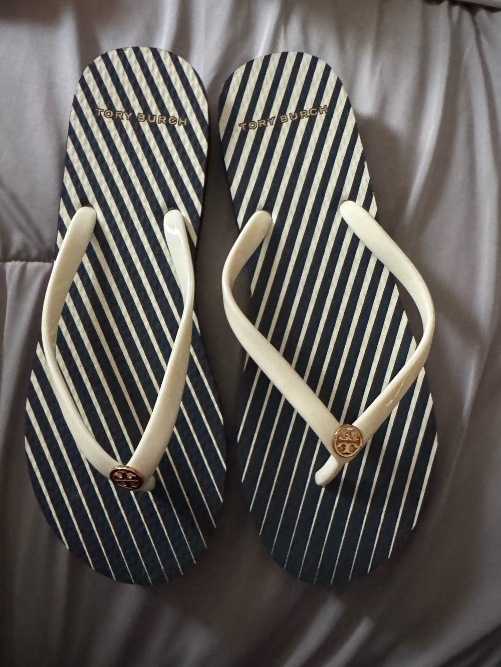 Tory Burch Navy and White stripe Logo Flip Flops with Gold Emblems
